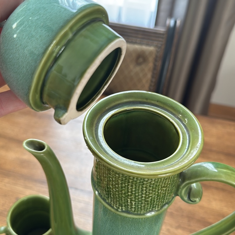 Vintage MCM Green Ceramic Coffee Set | Carafe 16 1/2 tall by 8 1/2 wide - Picture 12 of 17